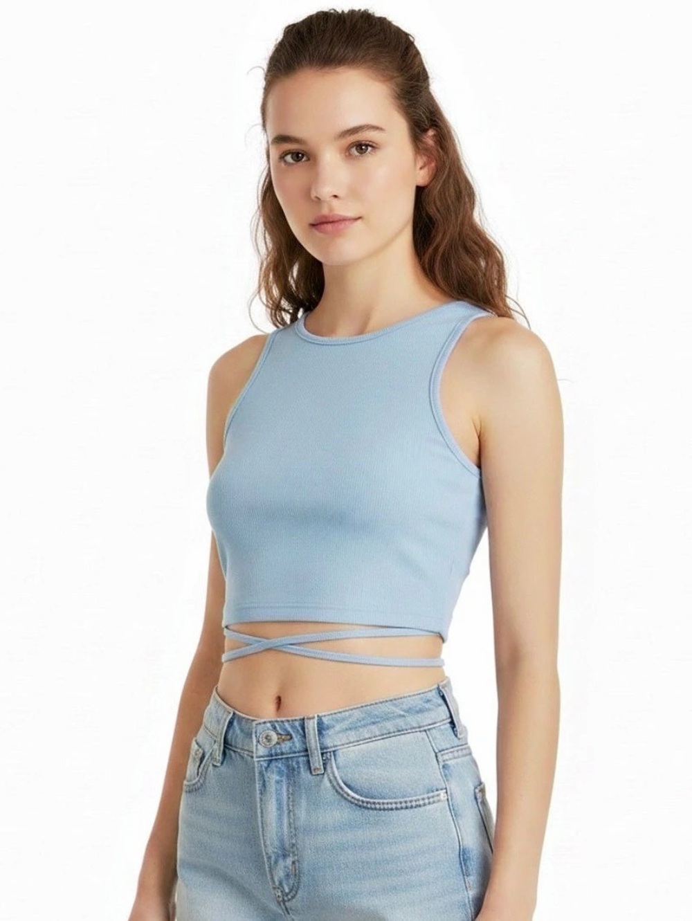 SHEIN Blue Ribbed Wrap-Tie Crop Top Size Small Like New